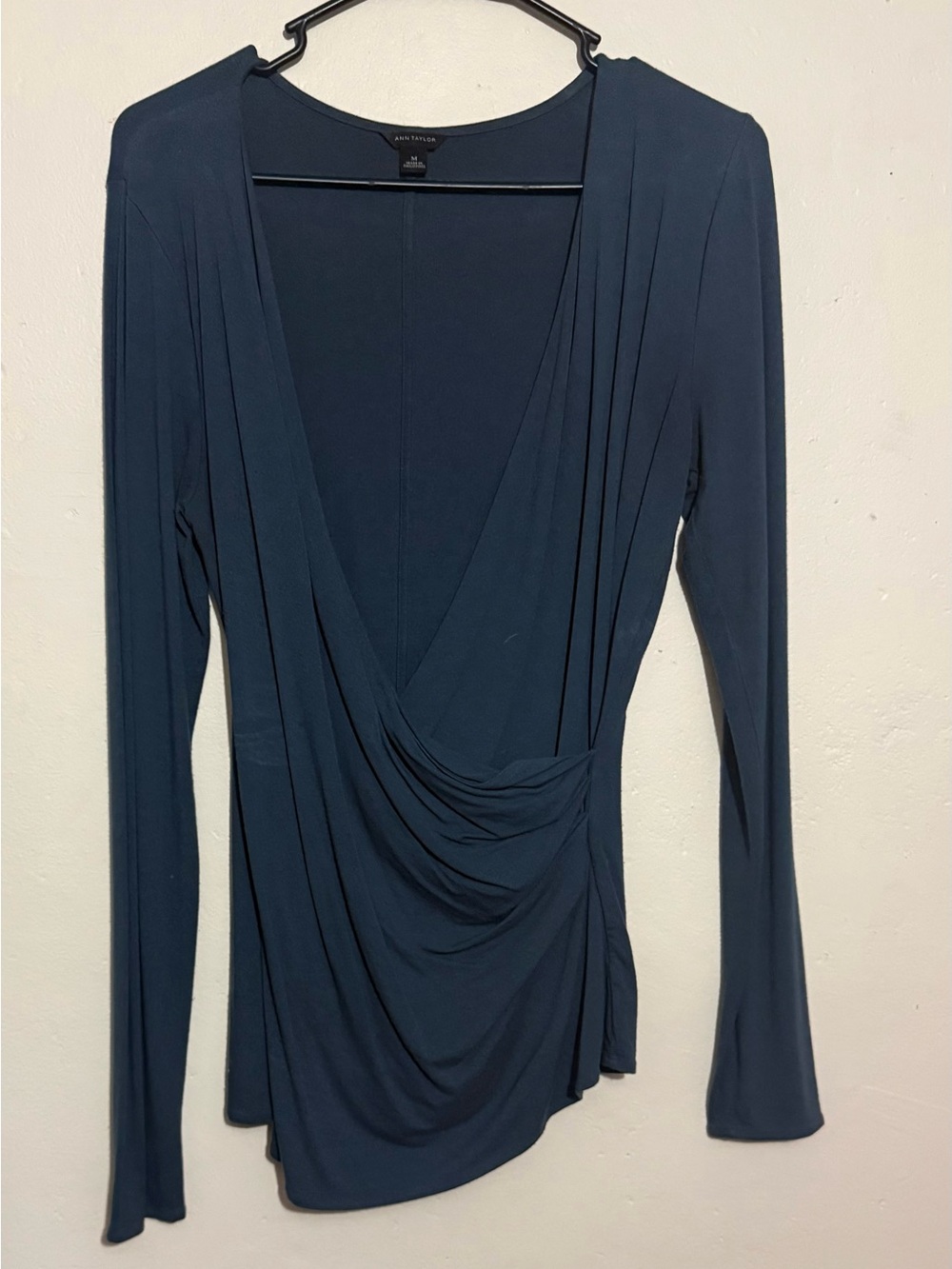 Ann Taylor Deep Teal Draped Surplice Long-Sleeve Top